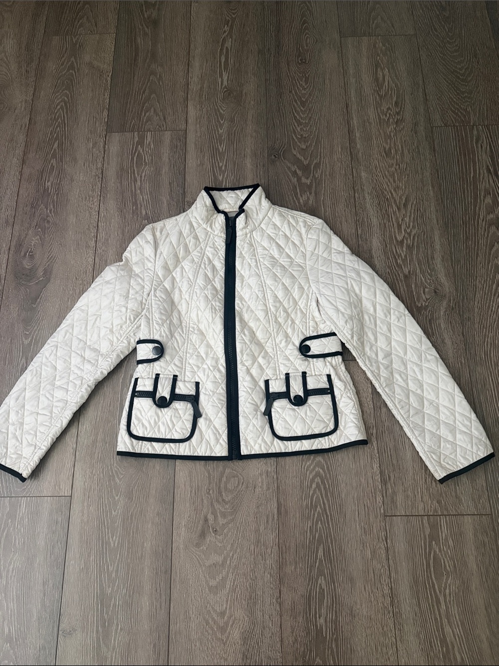 Ann Taylor Quilted White Jacket with Black Trim